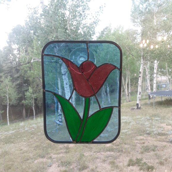 Red Tulip Flower & Blue Stained Glass Suncatcher. 6" X 8" - Picture 2 of 2